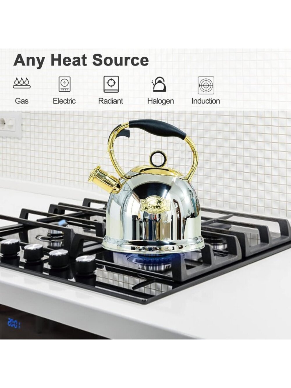 Gold Kitchen Whistling Tea Kettle 3.0 Quart Stainless Steel Stovetop Tea Pot - Picture 3 of 6